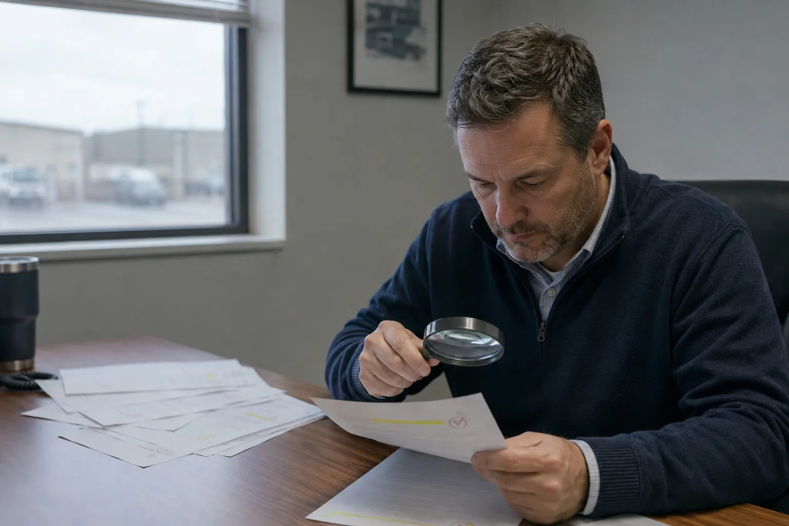 Un director comercial examina con una lupa una carta impresa, marcada con un círculo y un subrayado, mientras al fondo hay otras cartas idénticas apiladas.